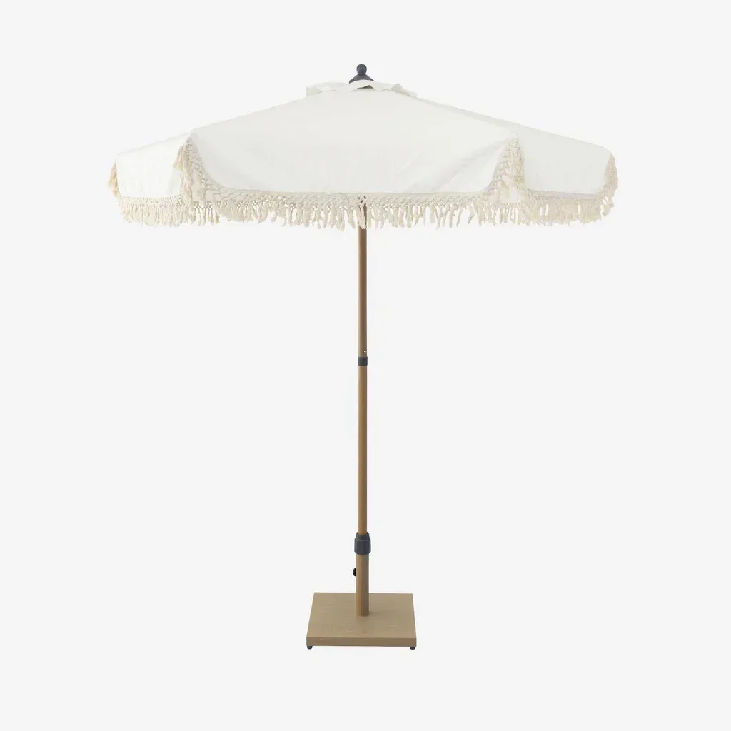 Parasol rond à franges Ø200 cm acier effet bois jardin terrasse