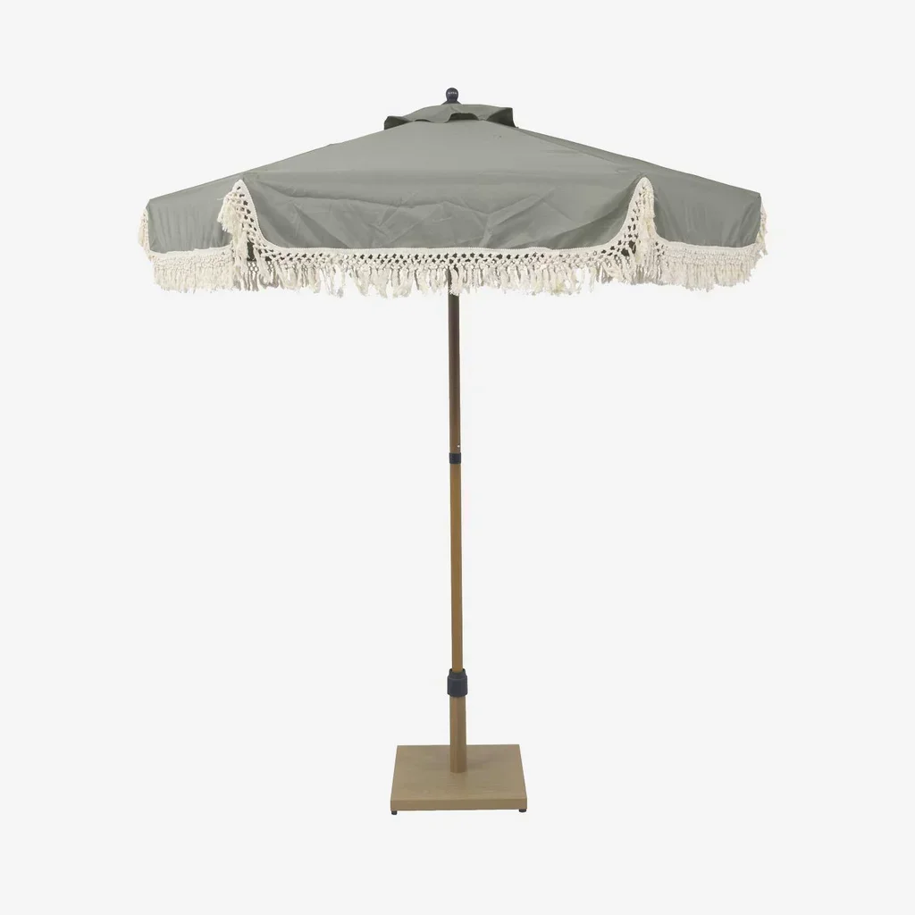 Parasol rond à franges Ø200 cm Hossegor acier effet bois jardin terrasse
