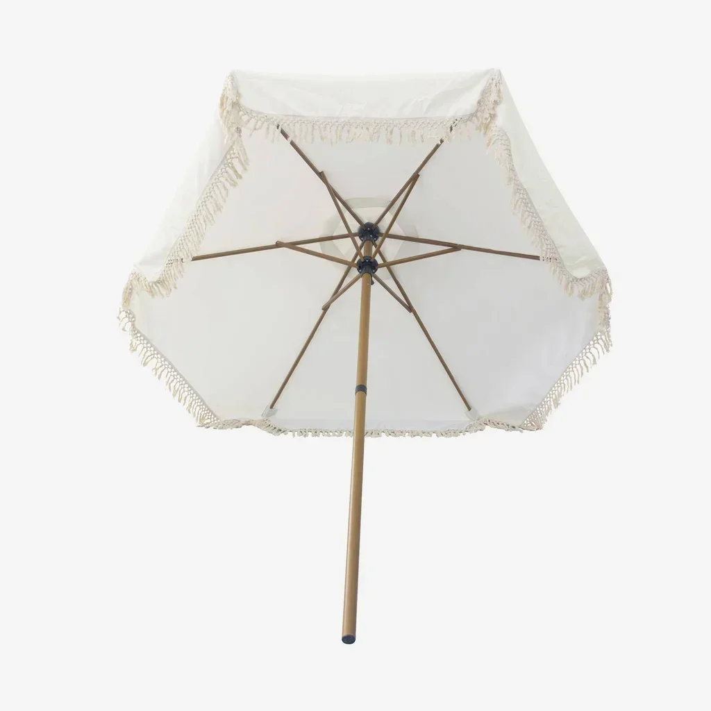 Parasol rond à franges Ø200 cm acier effet bois jardin terrasse