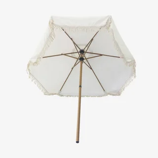 Parasol rond à franges Ø200 cm acier effet bois jardin terrasse