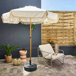 Parasol rond à franges Ø200 cm acier effet bois jardin terrasse