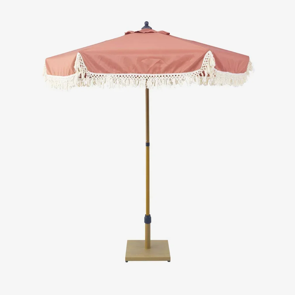 Parasol rond à franges Hossegor Ø200 cm acier effet bois