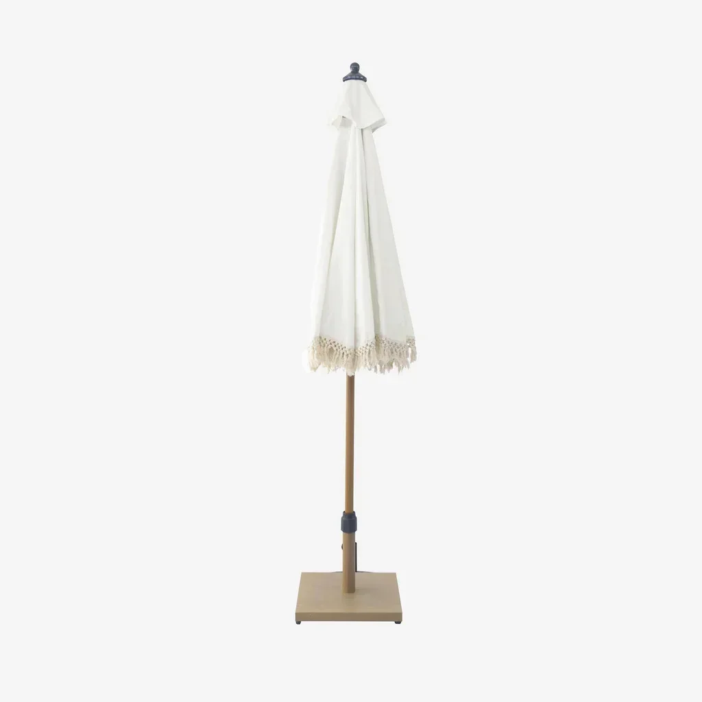 Parasol rond à franges Ø200 cm acier effet bois jardin terrasse