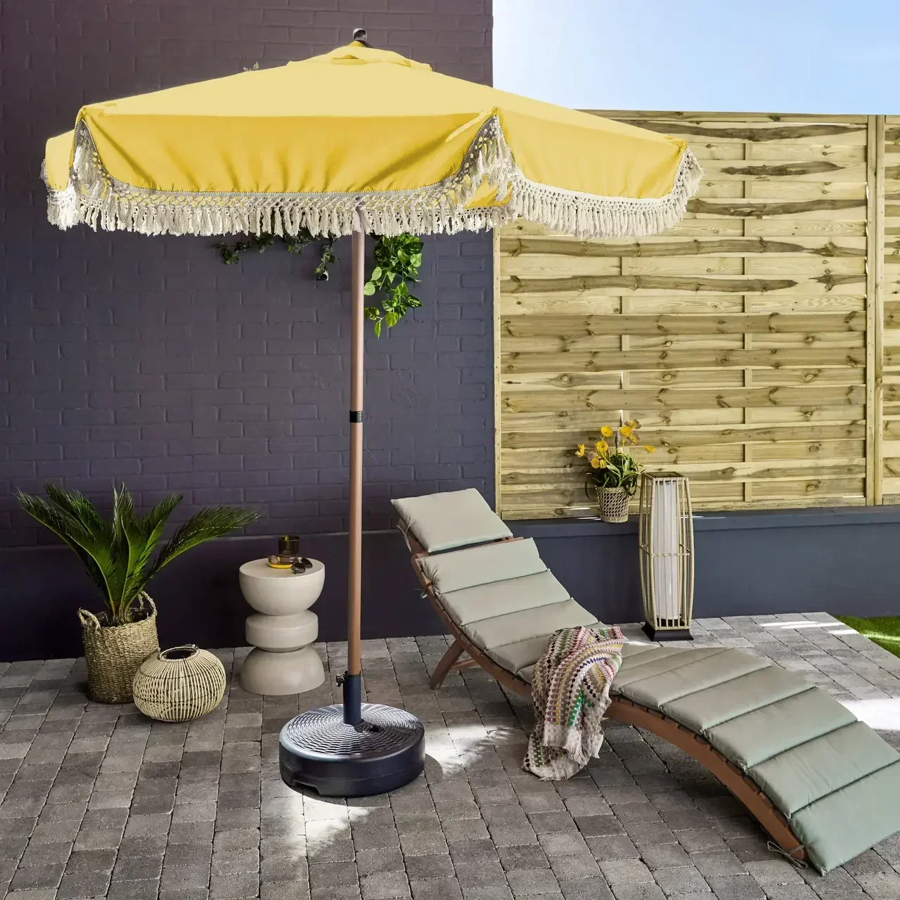 Parasol rond à franges Ø200 cm acier effet bois Hossegor