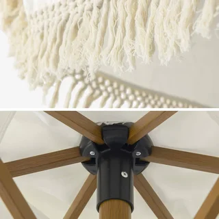 Parasol rond à franges Ø200 cm acier effet bois jardin terrasse