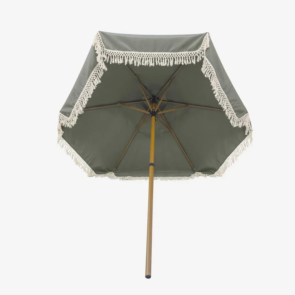 Parasol rond à franges Ø200 cm Hossegor acier effet bois jardin terrasse