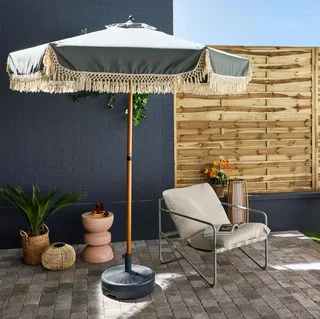 Parasol rond à franges Ø200 cm Hossegor acier effet bois jardin terrasse