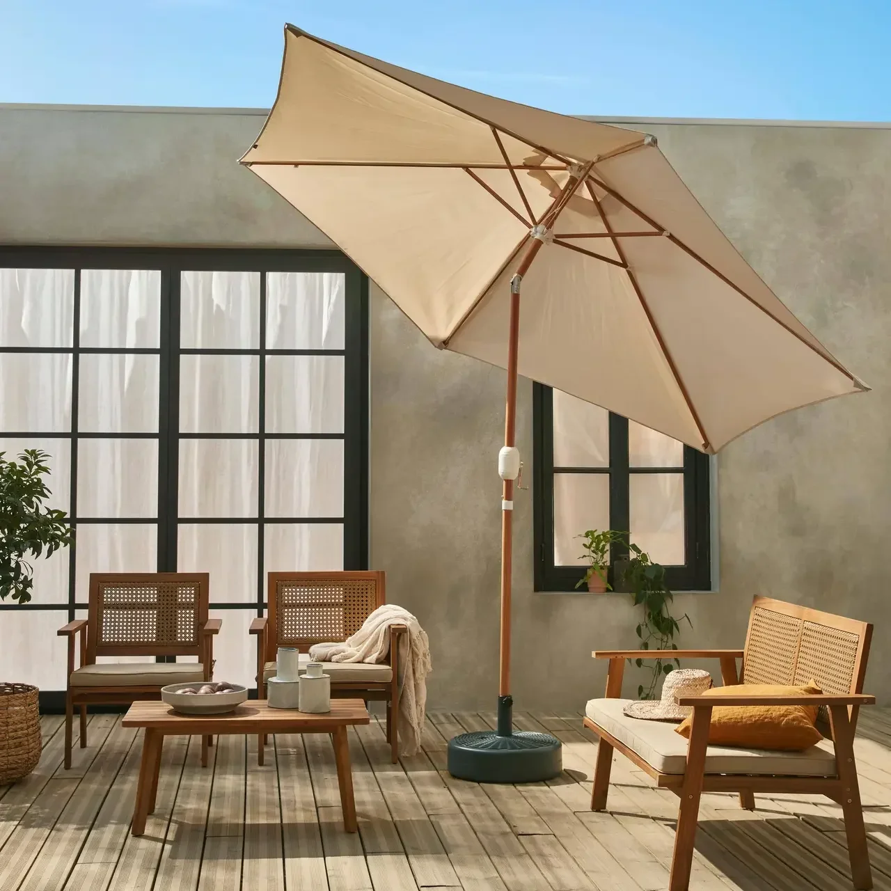 Parasol rond Ø3m mât central orientable aspect bois aluminium