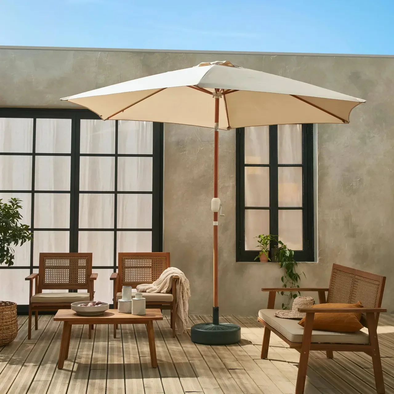 Parasol rond Ø3m mât central orientable aspect bois aluminium