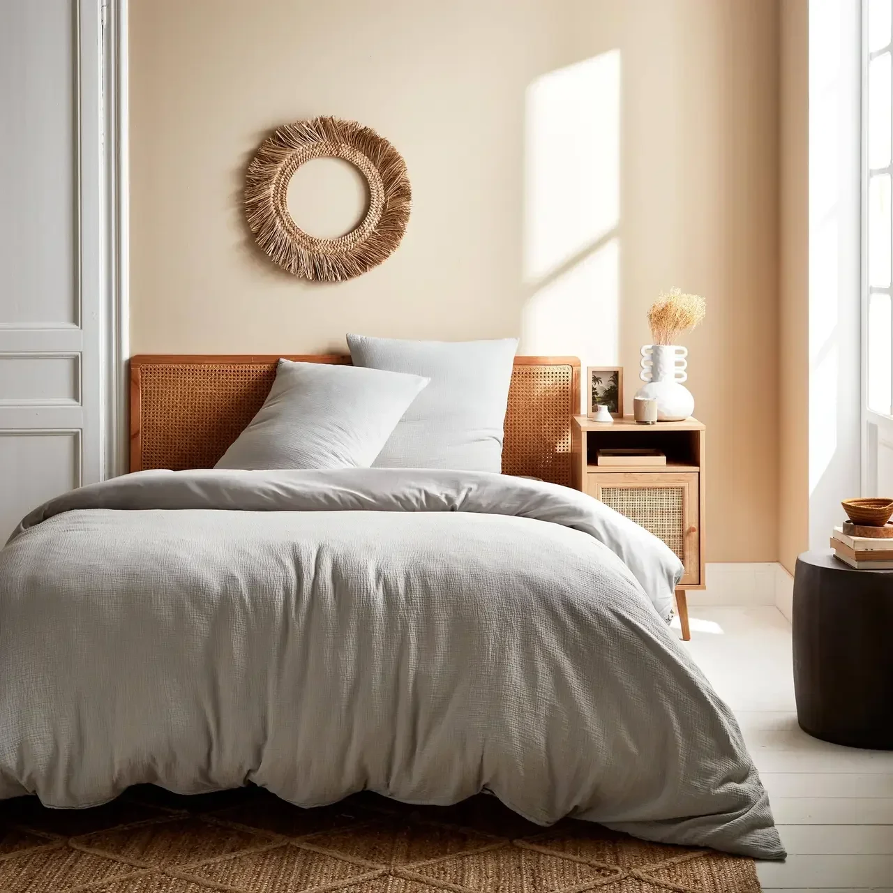 Parure de lit 2 personnes Alix en gaze de coton gris clair - Housse couette + taies