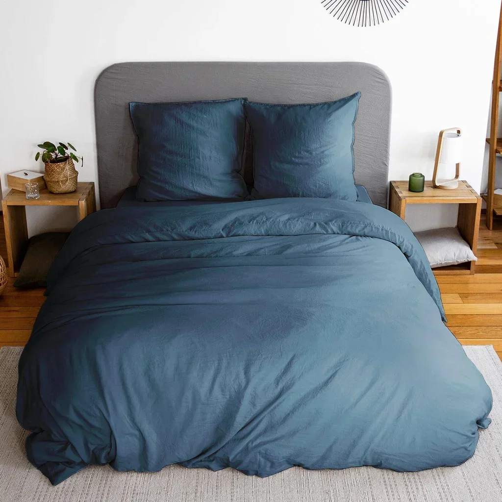 Parure de lit 2 personnes microfibre lavée bleu Luna 240x220 cm