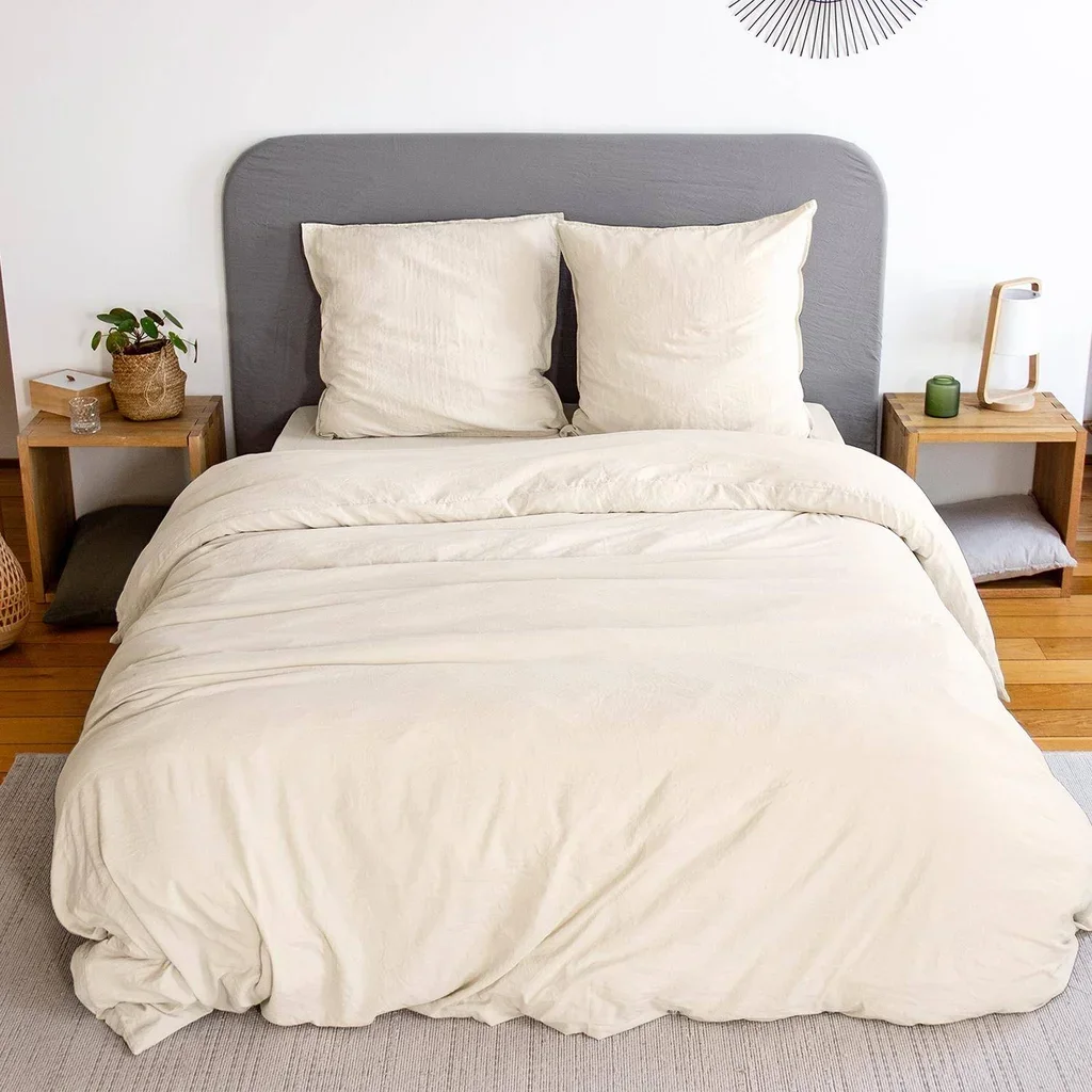 Parure de lit 2 personnes microfibre lavée effet stonewashed coloris sable