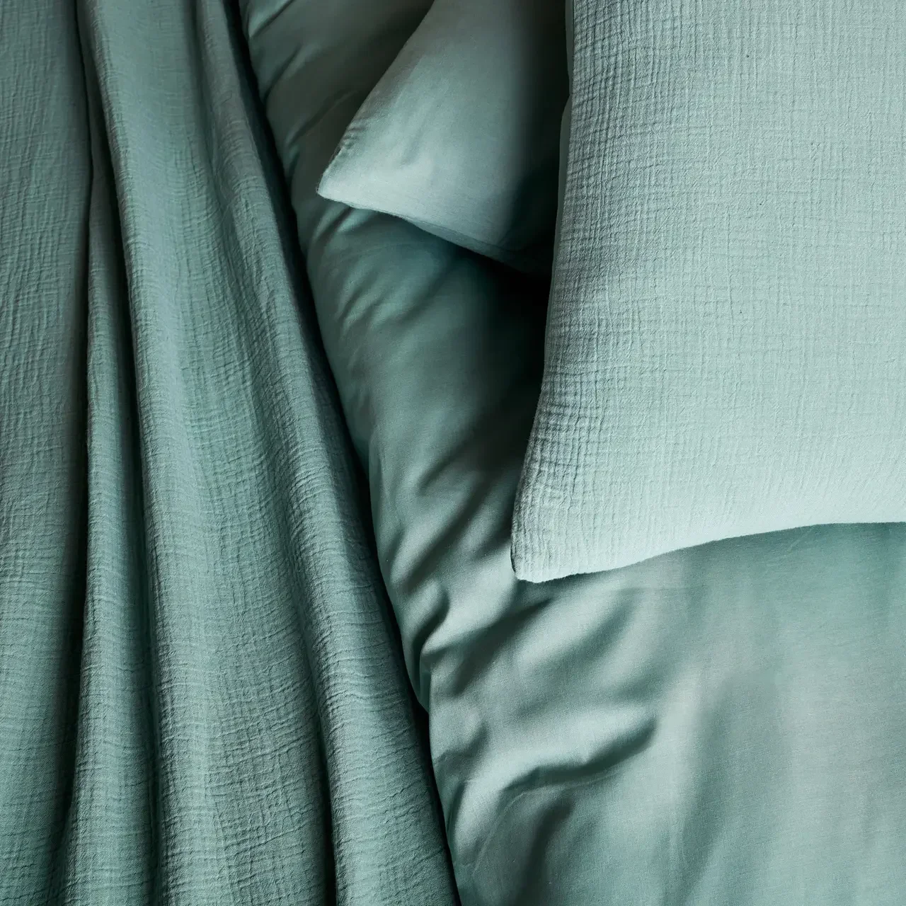Parure de lit gaze coton vert amande collection Alix 2 personnes