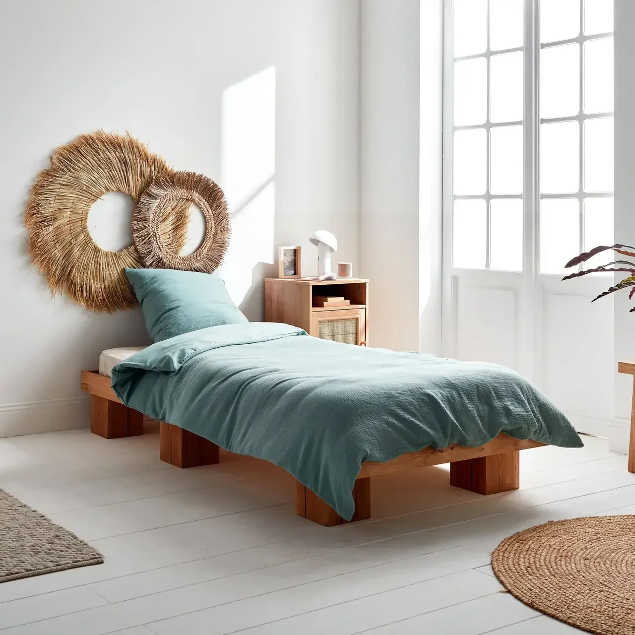 Parure de lit gaze coton vert amande collection Alix 2 personnes
