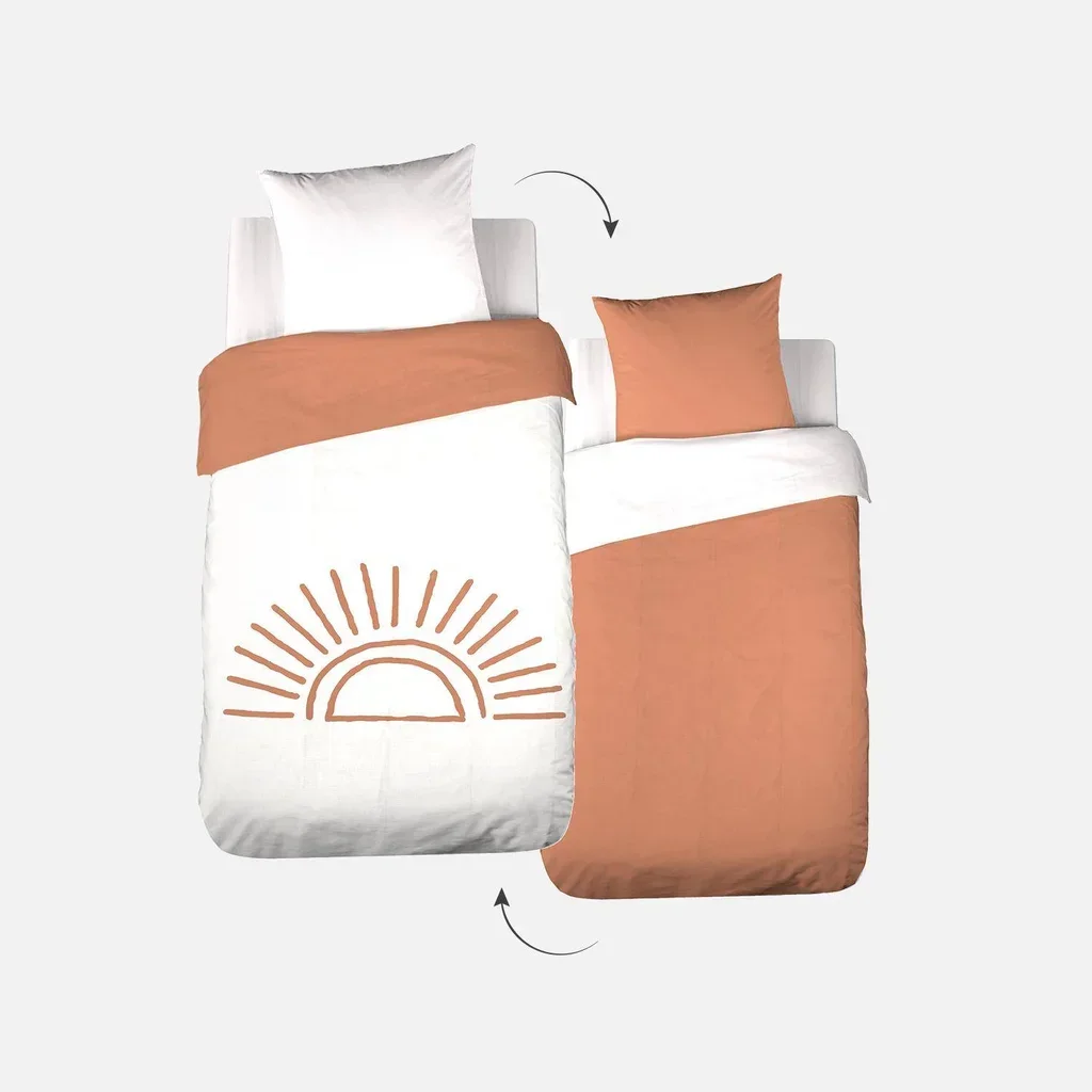 Parure lit 1 personne coton tufté réversible motif soleil terracotta 140x200