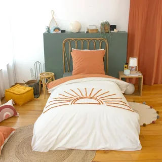 Parure lit 1 personne coton tufté réversible motif soleil terracotta 140x200
