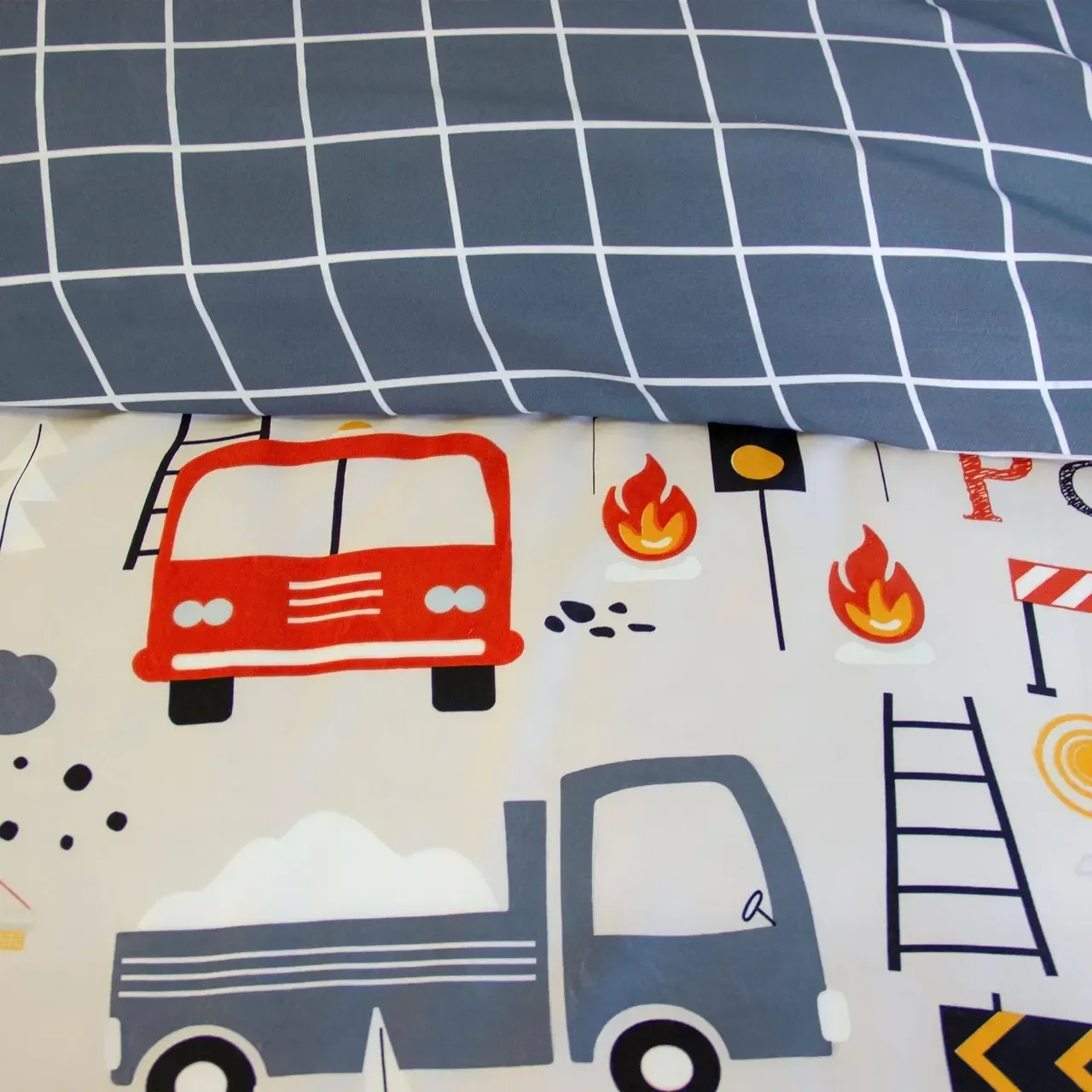 Parure lit 1 place réversible motif pompier 140x200 cm enfant Oeko-Tex