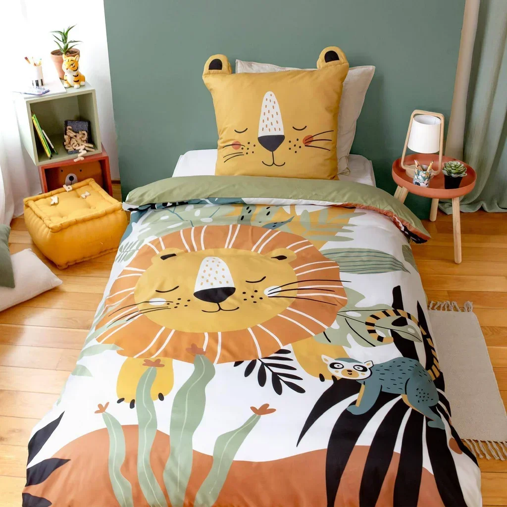 Parure lit 1 personne microfibre savane réversible 140x200 cm lions vert