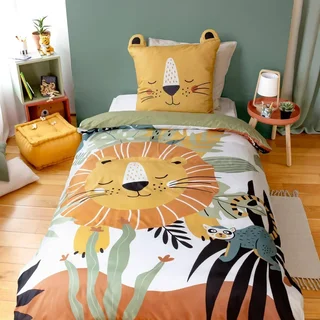 Parure lit 1 personne microfibre savane réversible 140x200 cm lions vert