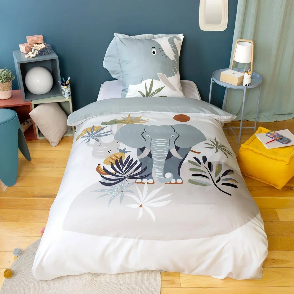 Parure de lit 1 place microfibre réversible motif éléphant vert d'eau 140x200 cm