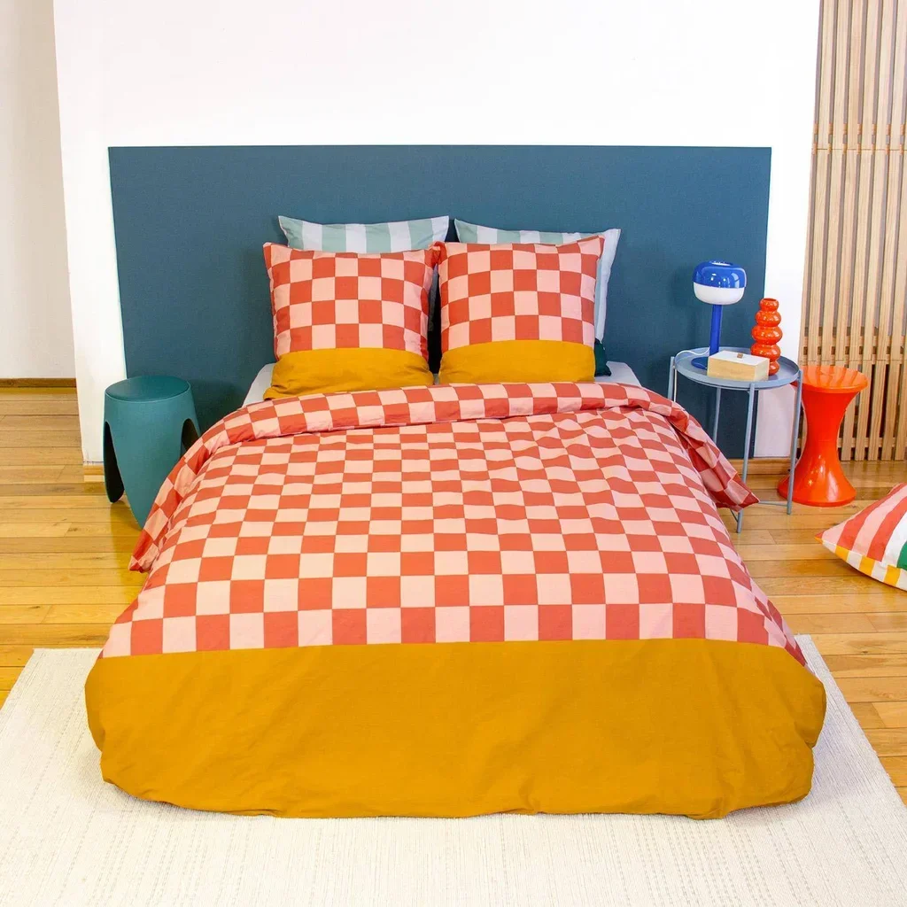 Parure de lit 2 personnes coton damier rouge orange Futuna