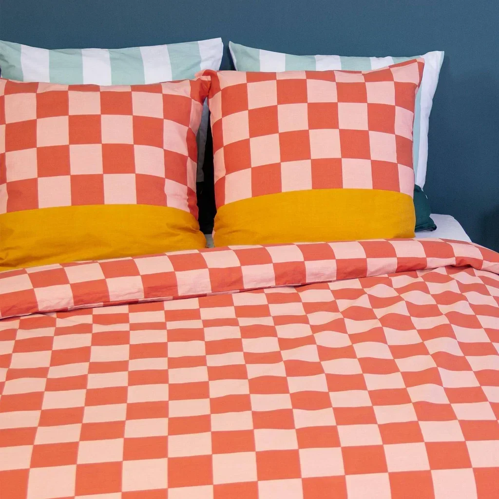 Parure de lit 2 personnes coton damier rouge orange Futuna