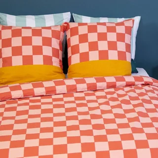 Parure de lit 2 personnes coton damier rouge orange Futuna