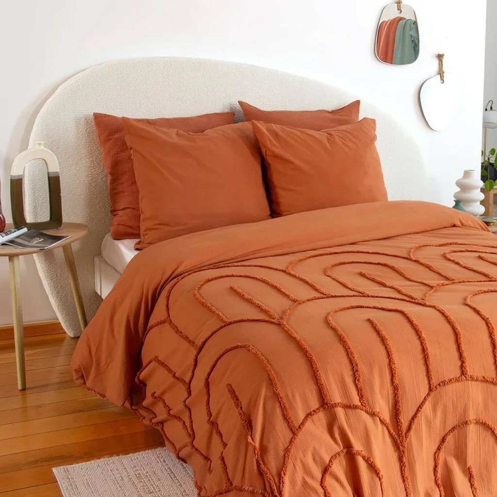 Parure lit 2 personnes coton lavé tufté arches terracotta 240x220