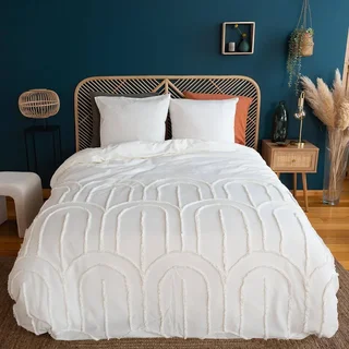 Parure lit 2 personnes coton lavé motif arches vintage blanc