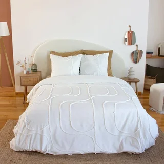 Parure de lit 2 personnes coton lavé tufté motifs arrondis blanc Hestia