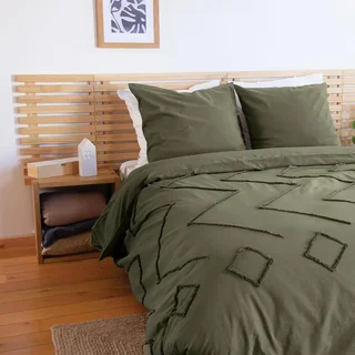 Parure lit 2 personnes coton lavé tufté motifs ethniques vert