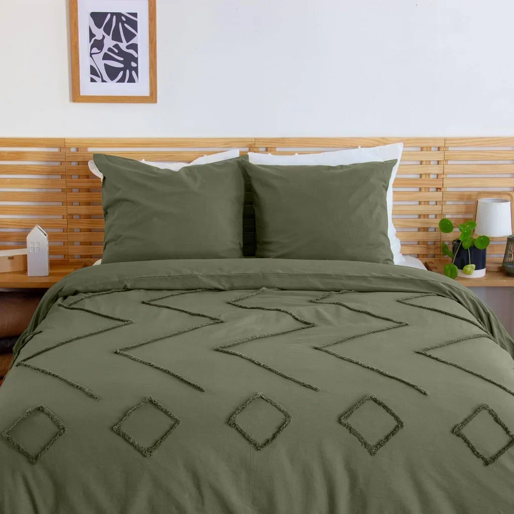 Parure lit 2 personnes coton lavé tufté motifs ethniques vert