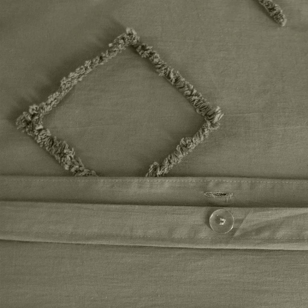 Parure lit 2 personnes coton lavé tufté motifs ethniques vert