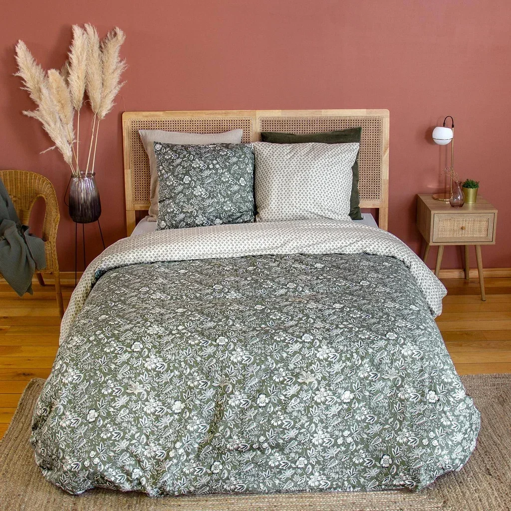 Parure de lit 2 personnes coton lyocell motif floral vert Neyo