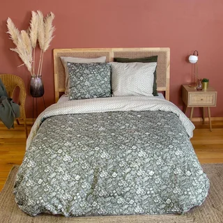 Parure de lit 2 personnes coton lyocell motif floral vert Neyo