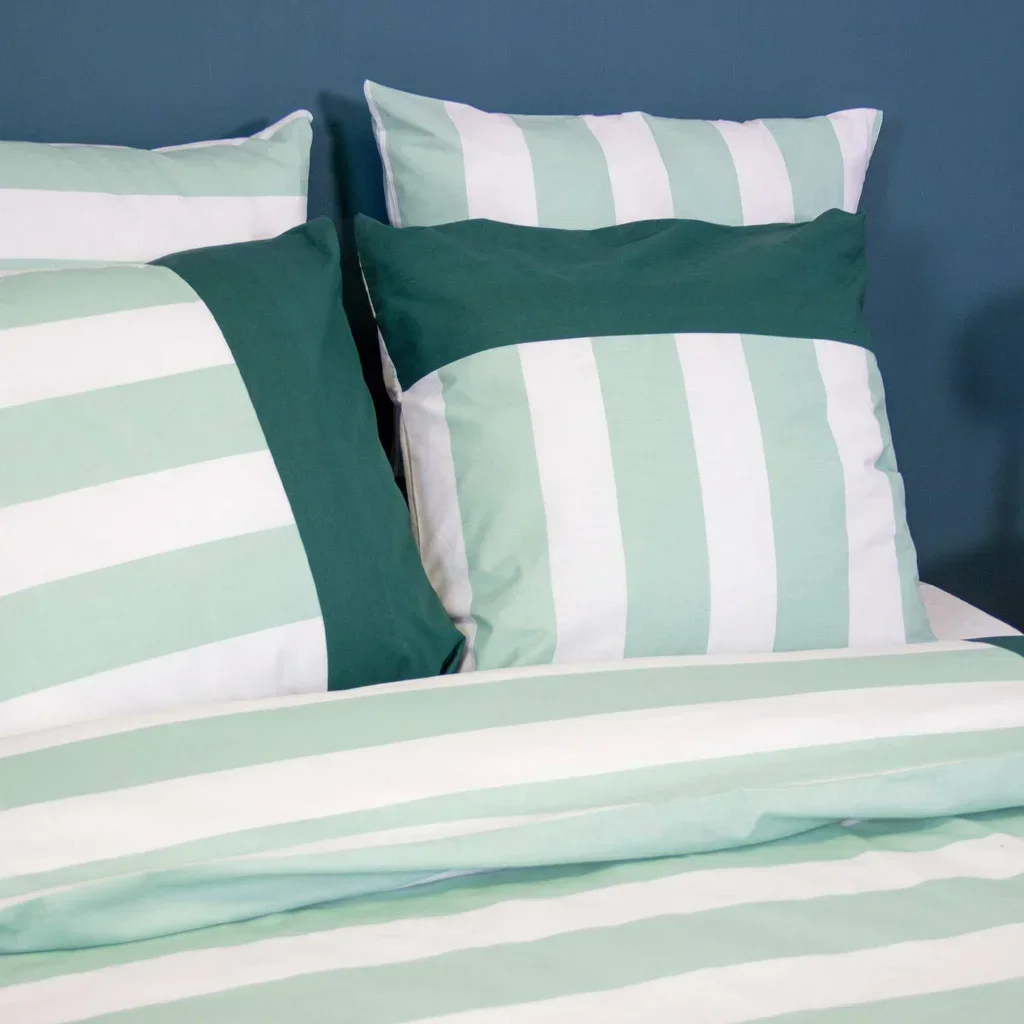 Parure de lit 2 personnes coton rayures blanc vert Tendora