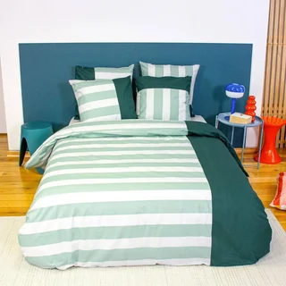 Parure de lit 2 personnes coton rayures blanc vert Tendora