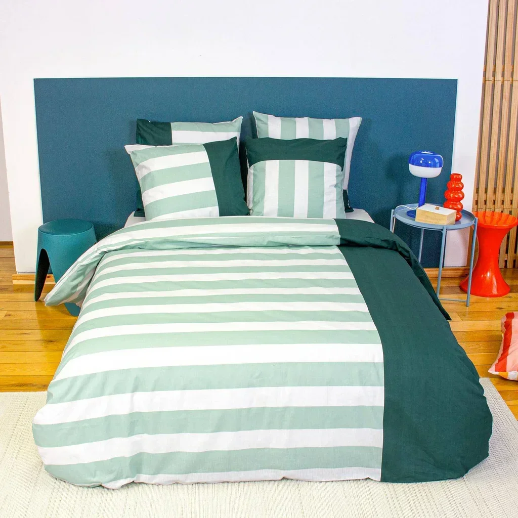 Parure de lit 2 personnes coton rayures blanc vert Tendora
