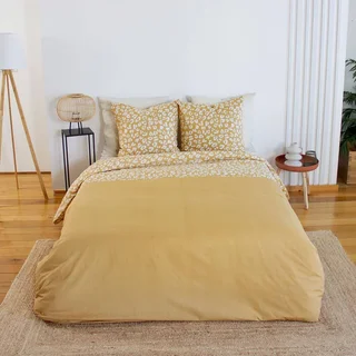 Reversible cotton leopard print yellow bedding set double bed