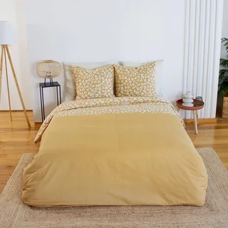 Reversible cotton leopard print yellow double bedding set Juliette - 2 person bed linen