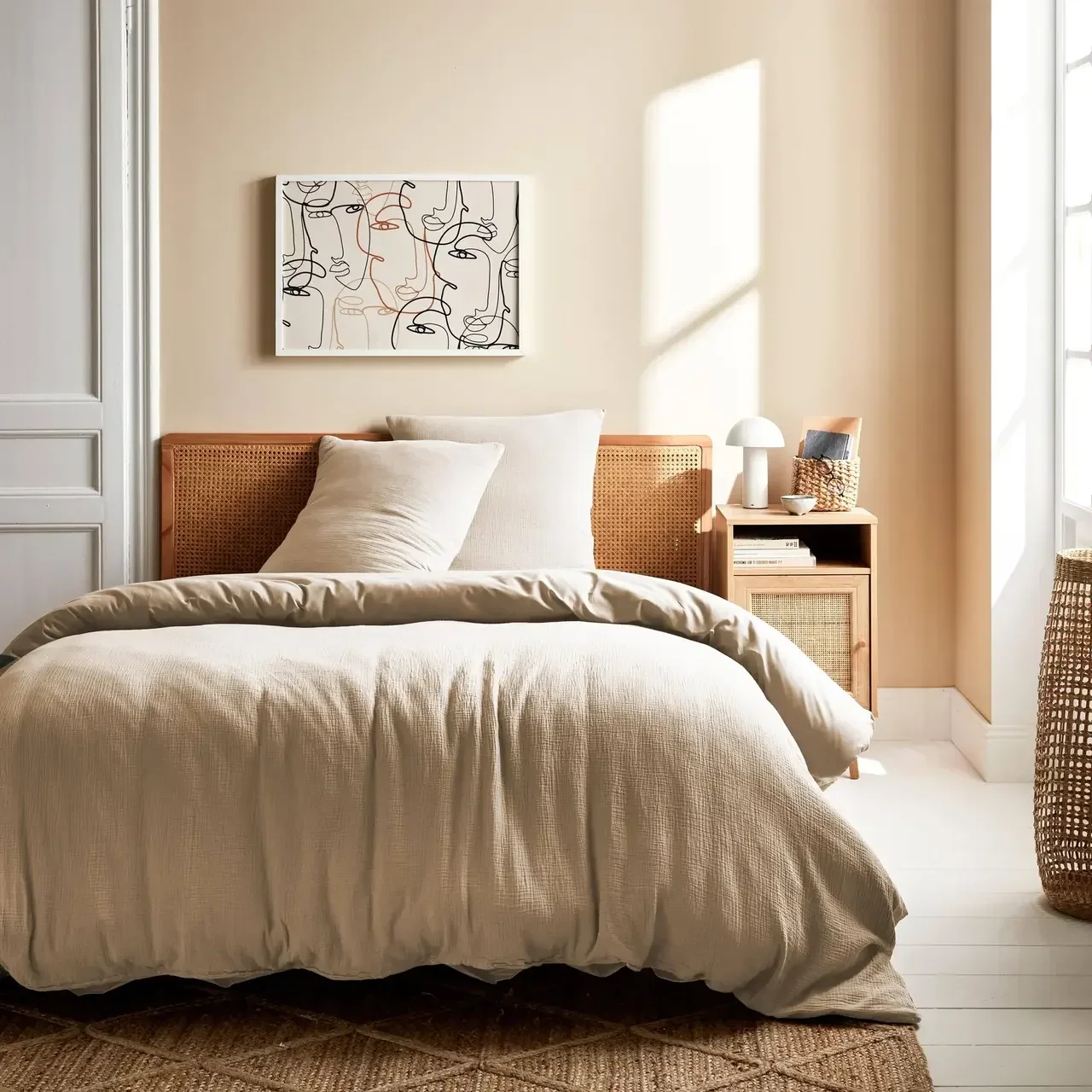 Parure de lit 2 personnes gaze de coton beige Alix - housse couette et taies