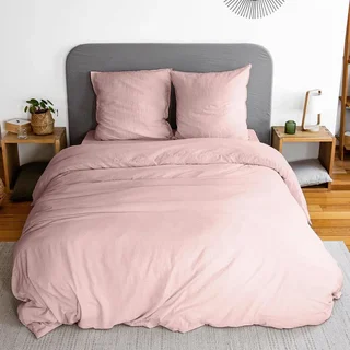 Parure de lit 2 personnes microfibre lavée rose poudré - Luna 240x220 cm