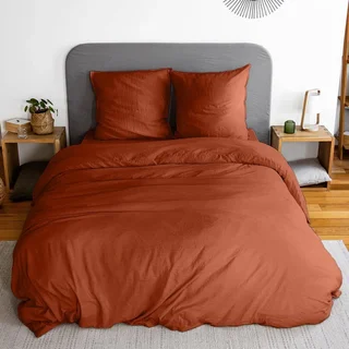 Parure de lit 2 personnes microfibre lavée terracotta 240x220 cm - Collection Luna