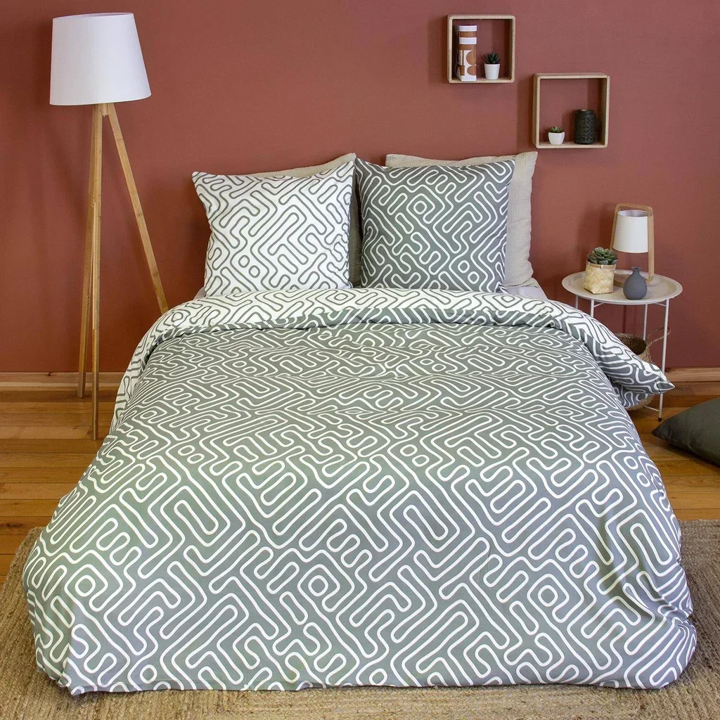 Parure de lit 2 personnes microfibre réversible labyrinthe gris anthracite 240x220 cm