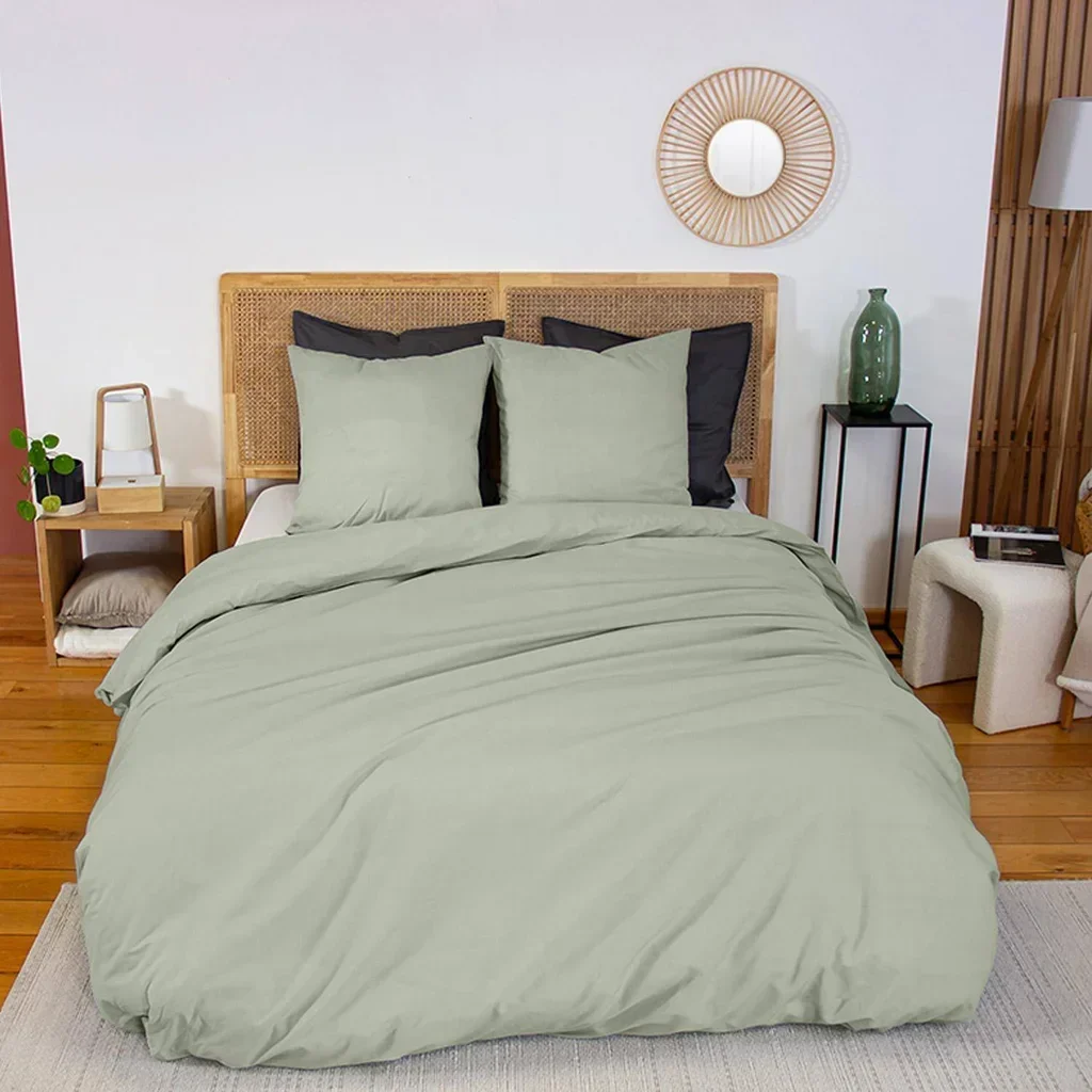 Parure lit 2 personnes percale coton sauge 240x220 cm + 2 taies Oeko-Tex