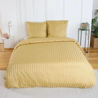 Parure de lit 2 personnes polyester effet satin à fines rayures jaune Andréa