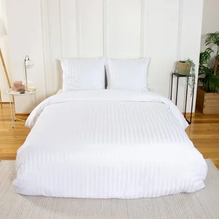 Parure lit 2 personnes satinée rayures fines blanc polyester Oeko-Tex