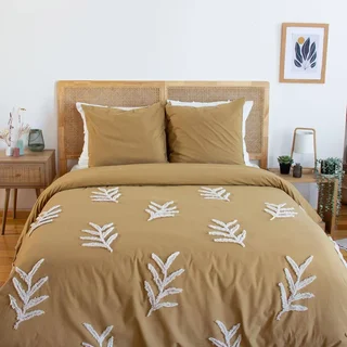 Parure de lit 2 places coton lavé tufté motifs végétaux moutarde Artemis