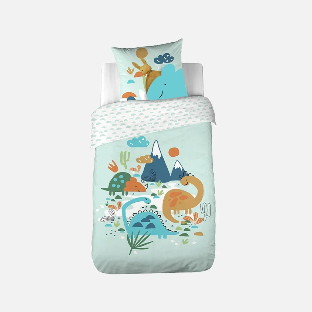 Parure lit enfant dinosaures réversible coton 140x200 cm avec poche doudou