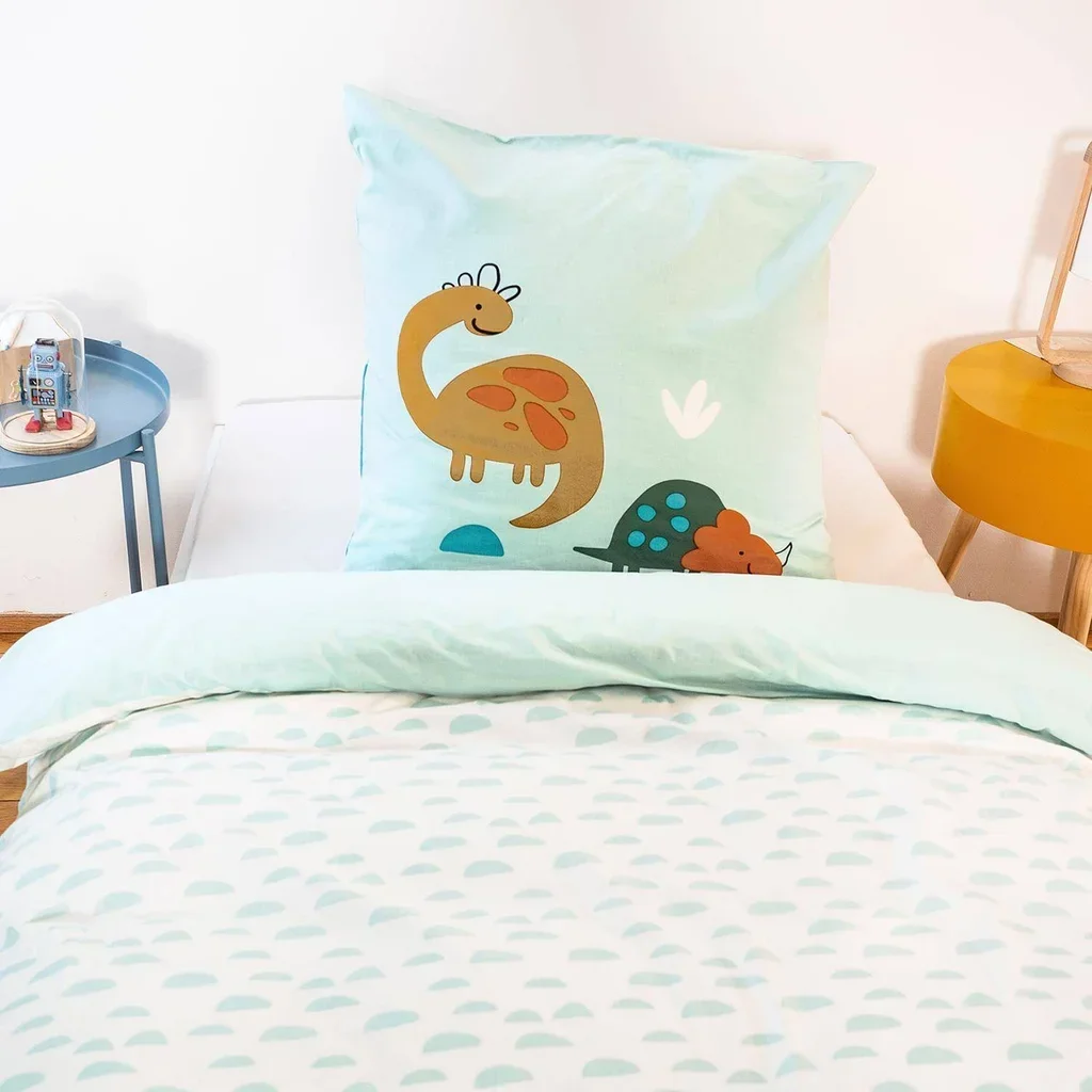 Parure lit enfant dinosaures réversible coton 140x200 cm avec poche doudou